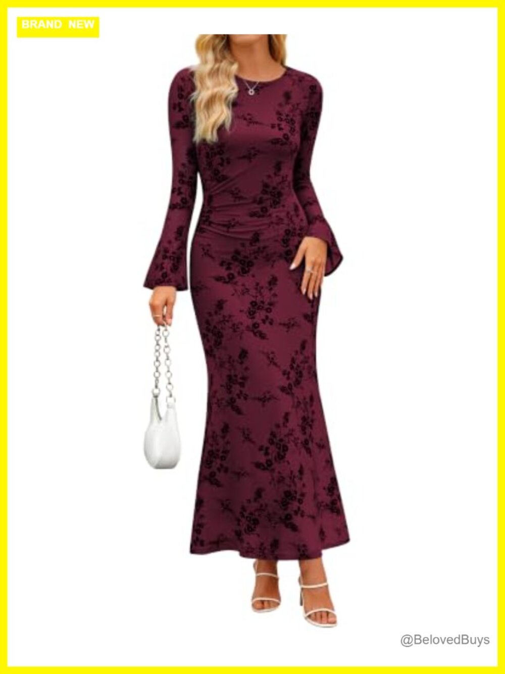 Womens Long Sleeve Floral Bodycon Ruched Mesh Maxi Formal Dress